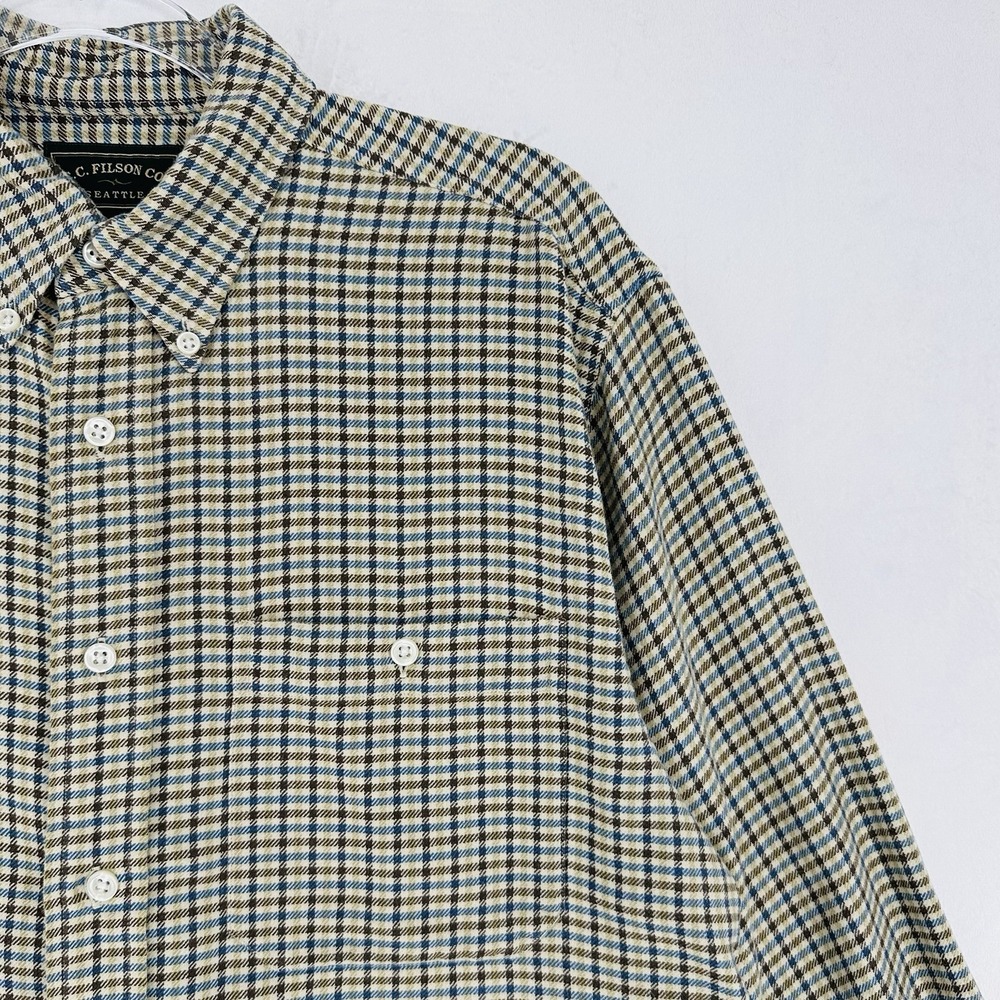VTG CC Filson Button Down Shirt Mens M Wool Blend Tan Green Plaid Check Flannel
